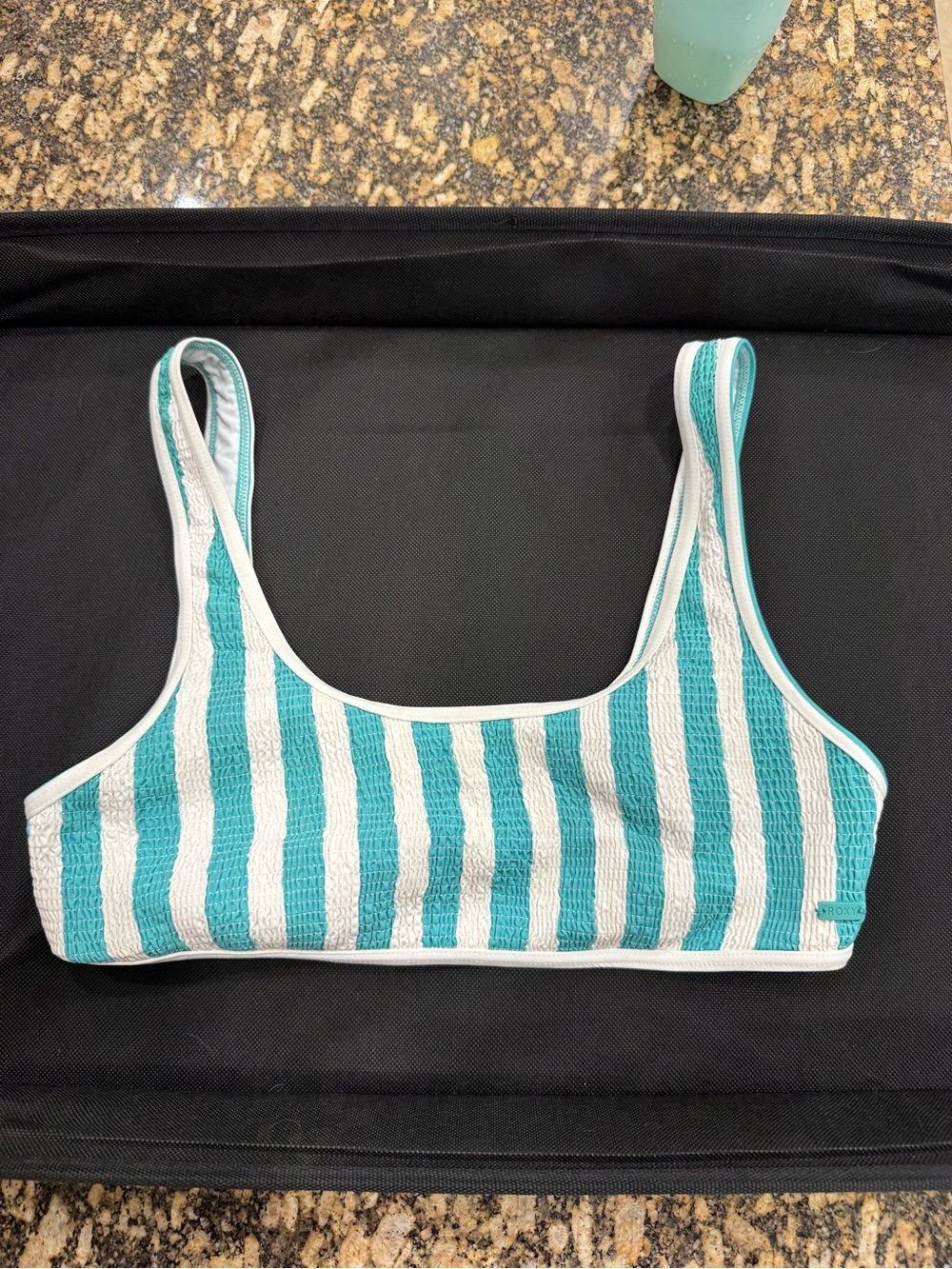 Roxy Striped Ribbed Bikini Top - Teal & White- L